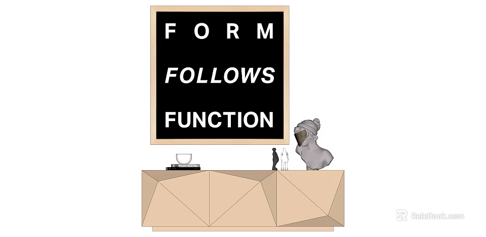 Display with FORM FOLLOWS FUNCTION Sign Geometric Cabinet Cat Koala Cup and Books 3d model 
