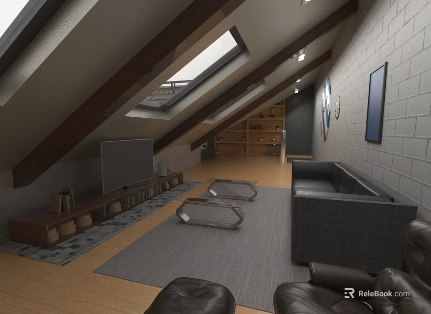 Attic Living Room Interior With Sloped Ceiling Skylight Wooden Beams TV Sofa And Bookshelf 3d model 