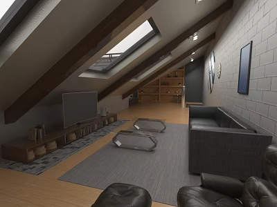 Attic Living Room Interior With Sloped Ceiling Skylight Wooden Beams TV Sofa And Bookshelf 3d model