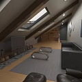 Attic Living Room Interior With Sloped Ceiling Skylight Wooden Beams TV Sofa And Bookshelf