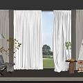 White Sheer and Beige Curtains in Floor to Ceiling Window Room with Green Lawn View