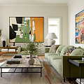 Bright Modern Living And Dining Room Interior With Green Sofa Coffee Table Artwork And Plant