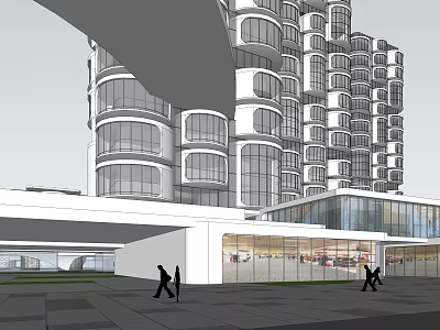 Modern High Rise Building Architectural Design With Glass Curtain Walls Lower Base And Pedestrians 3d model