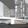 Modern High Rise Building Architectural Design With Glass Curtain Walls Lower Base And Pedestrians