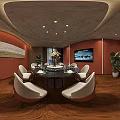Private Dining Room Interior With Orange Walls Circular Ceiling Light Dining Table And Chairs 3d model