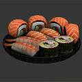 Fresh Delicious Assorted Sushi Rolls With Salmon And Vegetable Fillings On Black Plate