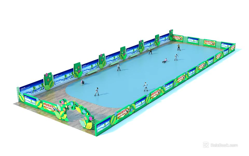 Indoor Recreational Sports Venue With Green Enclosures Blue Surface And Active Players 3d model 