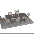 Modern Wooden Dining Table Set With Six Woven Chairs Green Plant Vase And Gray Rug
