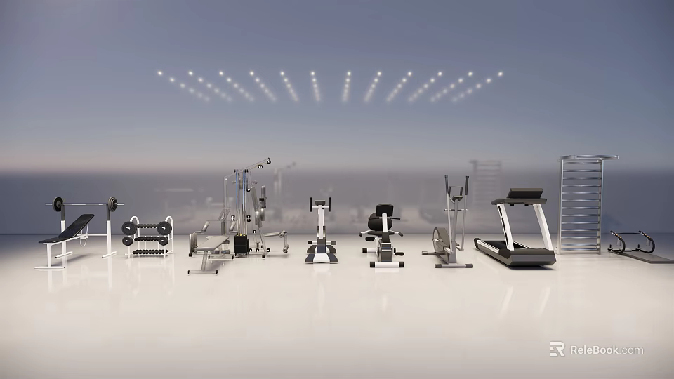 Modern Sports Equipment Collection With Treadmill Exercise Bike Dumbbells And Bright Gym Layout 3d model 