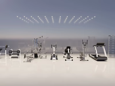 Modern Sports Equipment Collection With Treadmill Exercise Bike Dumbbells And Bright Gym Layout 3d model