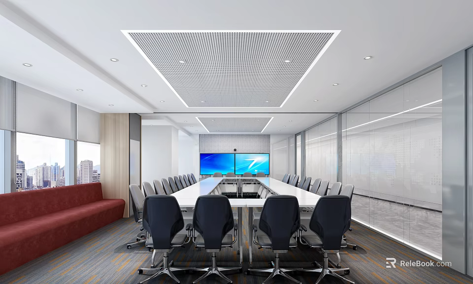 Modern Conference Room With Long Table Multiple Chairs Large Screen Red Sofa And Windows 3d model