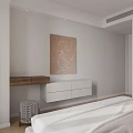 Minimalist Bedroom Interior With White Walls Wooden Flooring Large Bed Pendant Light And Curtains