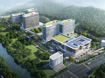 Modern Building Complex with Green Roofs Surrounded by Trees and River 3d model