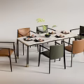 Modern Dining Table Set With Six Chairs Tableware Vase And Green Plant 3d model