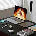 Modern Laptop Setup With Smartphone Tablet Watch Earbuds Notebook On Dark Desk 3d model