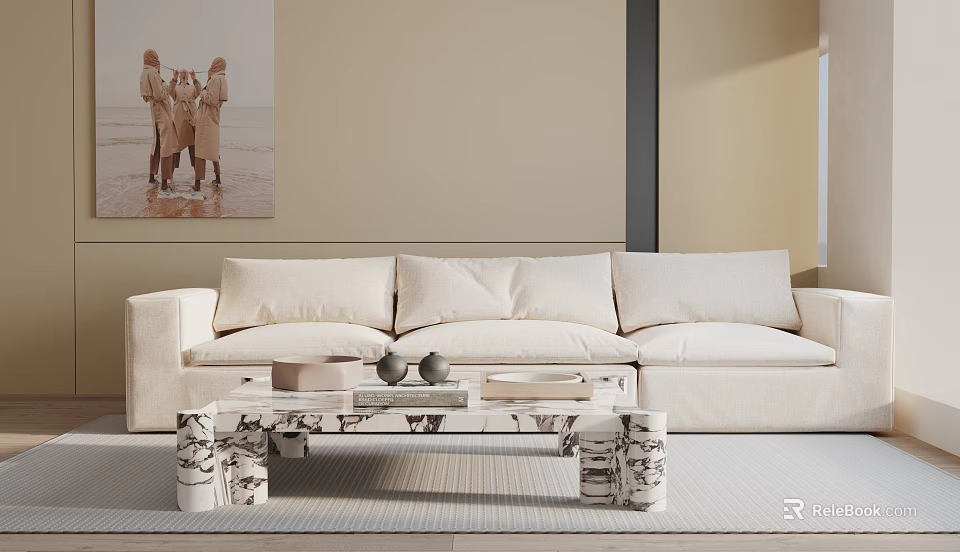 Modern Beige Upholstered Sofa Coffee Table Combination With Marble Top And Soft Rug 3d model
