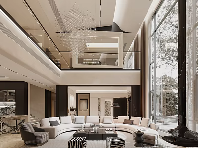 Modern Duplex Living Room With High Ceiling And Large Windows 3d model