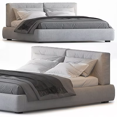 Modern Upholstered Double Bed With Gray Fringe Blanket And White Pillows 3d model