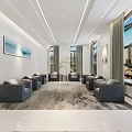 Modern Hotel Public Lounge Area With Black Sofas Large Windows And Decorative Painting