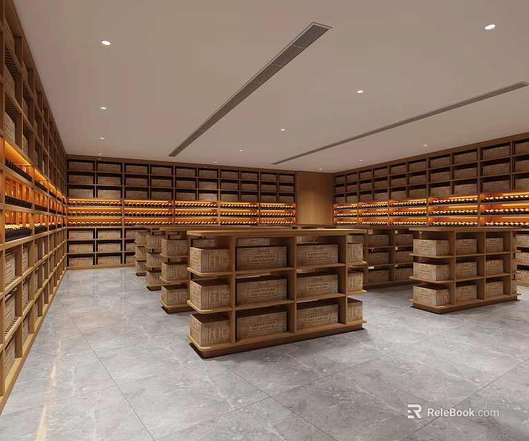 Elegant Wine Cellar Interior With Neatly Arranged Wooden Racks And Warm Lighting 3d model 