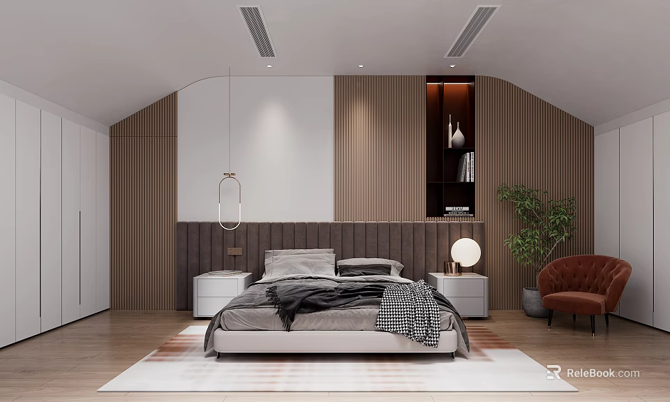 Modern Bedroom Interior With Wooden Wall Gray Bedding Nightstands Lamps Rug Red Armchair And Plant 3d model 