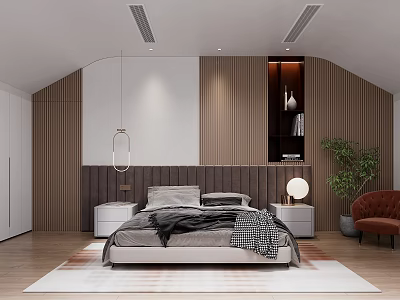 Modern Bedroom Interior With Wooden Wall Gray Bedding Nightstands Lamps Rug Red Armchair And Plant 3d model