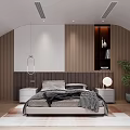 Modern Bedroom Interior With Wooden Wall Gray Bedding Nightstands Lamps Rug Red Armchair And Plant