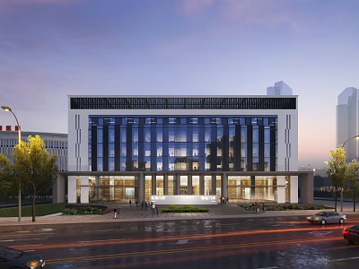 Modern Office Building With Glass Curtain Walls Symmetrical Facade Street Trees Dusk Pedestrians And Cars 3d model