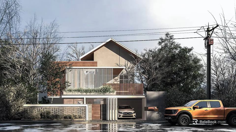 Modern Style Single Family House Exterior With Lush Trees Garage And Parked Vehicles 3d model 