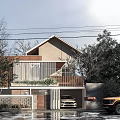 Modern Style Single Family House Exterior With Lush Trees Garage And Parked Vehicles