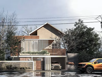 Modern Style Single Family House Exterior With Lush Trees Garage And Parked Vehicles 3d model