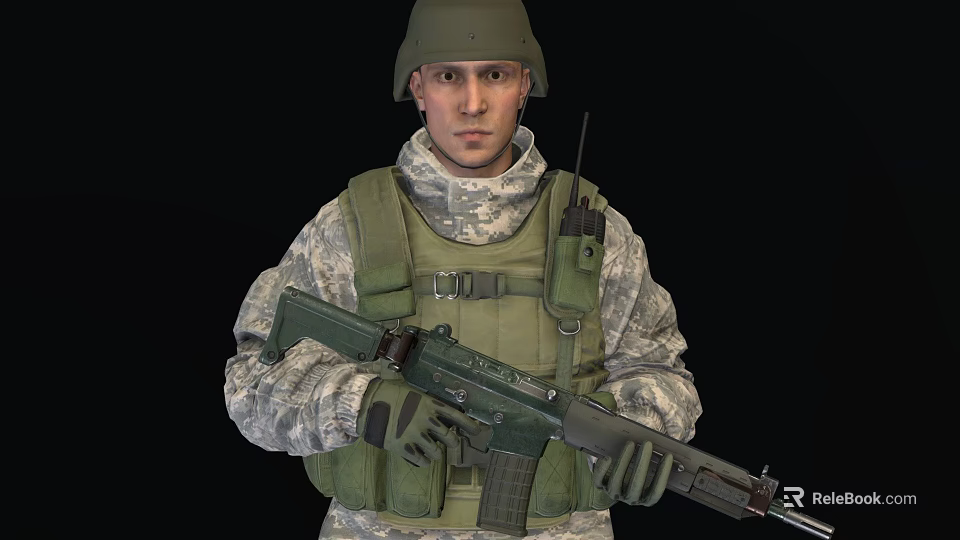 Soldier Wearing Camouflage Combat Uniform Green Helmet And Tactical Vest With Rifle 3d model 