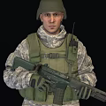 Soldier Wearing Camouflage Combat Uniform Green Helmet And Tactical Vest With Rifle