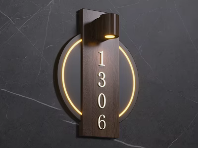 Door Number 1306 With Wooden Frame And LED Ring Light On Dark Marble Wall 3d model