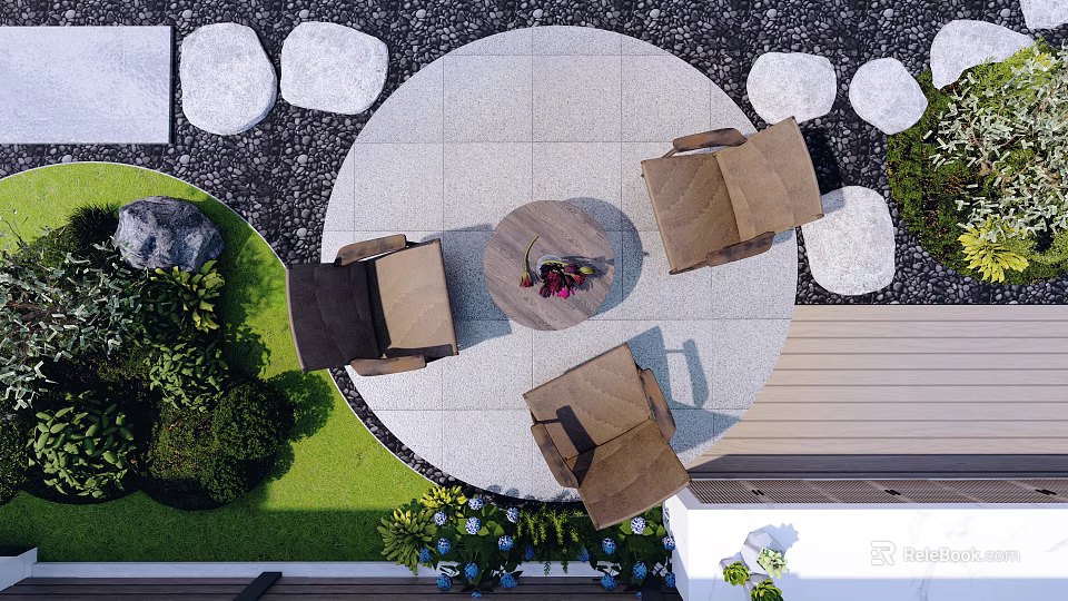 Garden With Circular Stone Patio Round Table Flowers Brown Chairs Surrounding Stones And Blue Blooms 3d model 