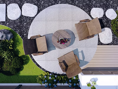 Garden With Circular Stone Patio Round Table Flowers Brown Chairs Surrounding Stones And Blue Blooms 3d model