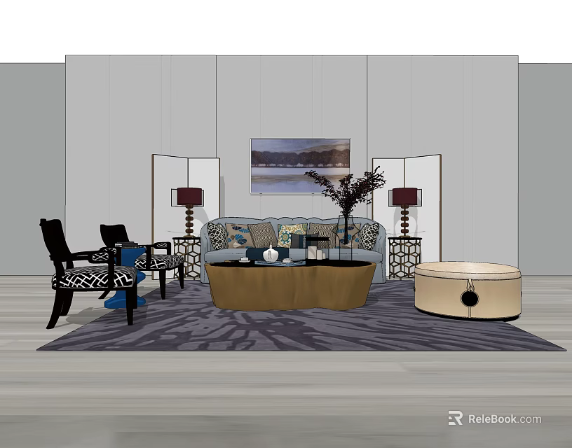 Modern Sofa Coffee Table Set With Side Tables Lamps Rug And Wall Art Decor 3d model 