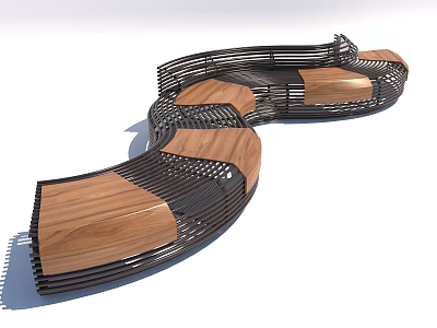 Modern Public Bench With Curved Design Wooden Seats And Metal Frame 3d model