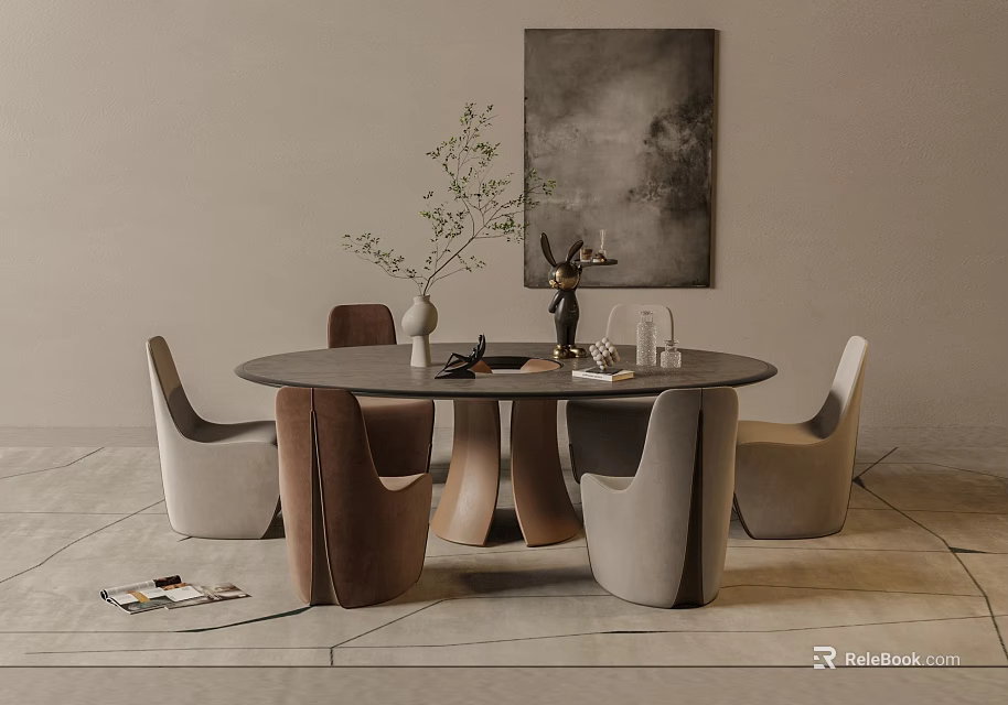 Modern Minimalist Dining Table Set with Round Table Brown Beige Chairs Vase and Wall Art 3d model 