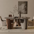 Modern Minimalist Dining Table Set with Round Table Brown Beige Chairs Vase and Wall Art