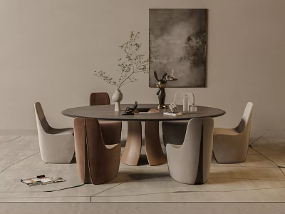 Modern Minimalist Dining Table Set with Round Table Brown Beige Chairs Vase and Wall Art 3d model