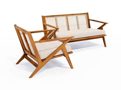 Modern Wooden Sofa and Armchair Set with Beige Cushions Geometric Legs Minimalist Design 3d model