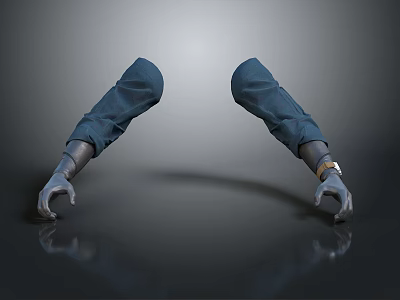 Mechanical Arms With Blue Pants And Metallic Hands On Reflective Floor 3d model
