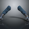 Mechanical Arms With Blue Pants And Metallic Hands On Reflective Floor