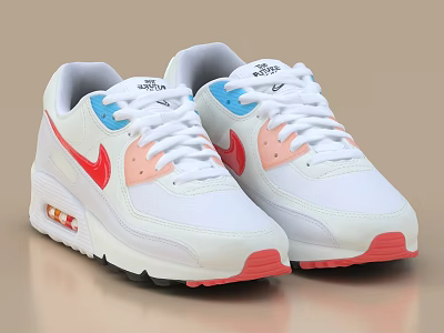 White Nike Air Max Sneakers With Red Swoosh Blue Pink Accents 3d model