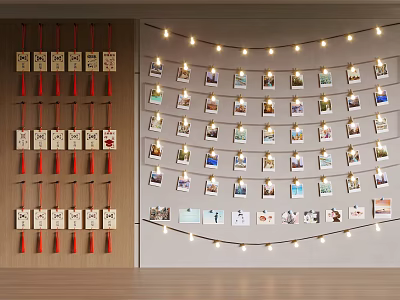 Creative Photo Wall Decoration With Multiple Photos And String Lights On Wall 3d model