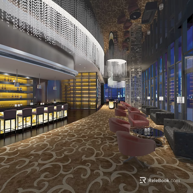 Modern Hotel Lobby Interior With Chandelier Wine Display Sofas And Patterned Carpet 3d model 