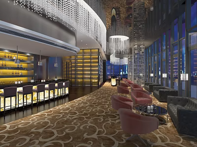 Modern Hotel Lobby Interior With Chandelier Wine Display Sofas And Patterned Carpet 3d model