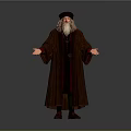 Elderly man standing in brown robe and hat with long white beard and outstretched hands