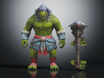 Green Skinned Muscular Orc Like Monster With Decorative Blue Red Outfit Holding Spiked Mace Weapon 3d model